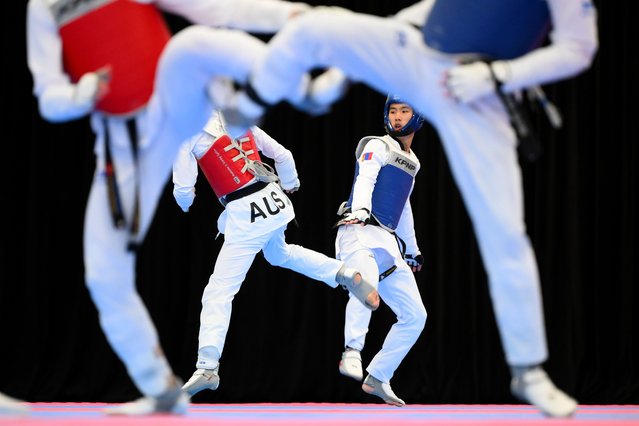 Temuulen Tumniimagnai of Mongolia competes against Jack Orchard of Australia during the 2025 Australian Open & World Taekwondo President's Cup at Gold Coast Sports and Leisure Centre on August 17, 2025 in Gold Coast, Australia. (Photo by Matt Roberts/Getty Images)
