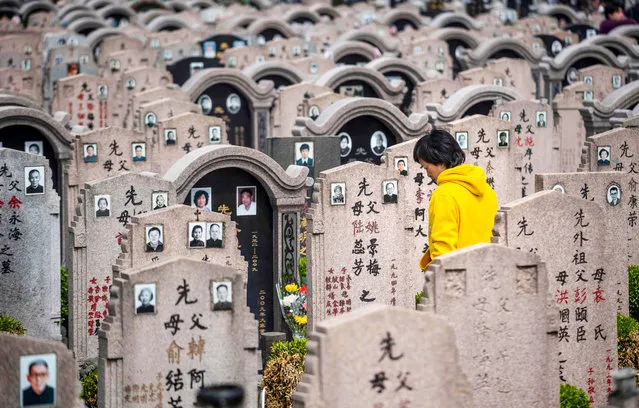 A woman decorates a grave during the Qing Ming festival, also known as Tomb Sweeping Day, at a cemetery in Shanghai on April 6, 2018. Chinese traditionally tend to the graves of their departed loved ones during the Qingming Festival, and make offerings to honour them and keep them comfortable in the afterlife. (Photo by Johannes Eisele/AFP Photo)