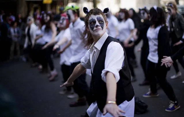 Activists with their faces painted like badgers dance to Brian May's “The Badger Song” as they take part in a flash-mob protest against a proposed cull of the animals outside Britain's Department for Environment, Food and Rural Affairs (Defra) in London, on May 1, 2013. Animal rights activists and rock star Brian May, who did not take part in the flash-mob Wednesday, are going up against the country's cattle farmers in a bid to save Britain's native burrowers from a government-authorized cull. (Photo by Matt Dunham/Associated Press)
