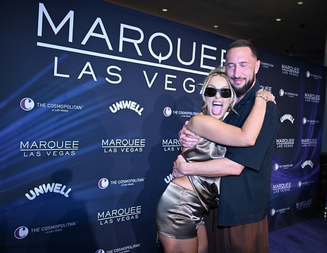 Internet personality Tana Mongeau and Mike Majlak arrive at Marquee Las Vegas grand reveal weekend at Marquee Nightclub at The Cosmopolitan of Las Vegas on October 10, 2025 in Las Vegas, Nevada. (Photo by Denise Truscello/Getty Images for Tao Group Hospitality)