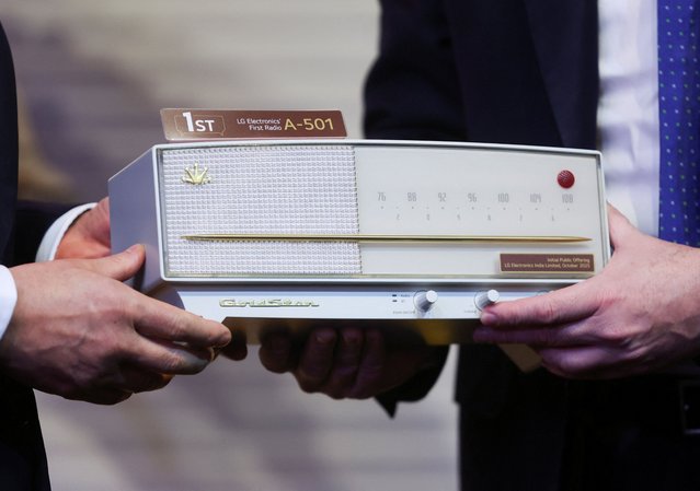 LG's first radio, the 1959 Goldstar (now LG) A-501 vacuum tube radio, is shown at the listing ceremony of LG Electronics India Limited's Initial Public Offering (IPO) at the National Stock Exchange (NSE) in Mumbai, India, on October 14, 2025. (Photo by Francis Mascarenhas/Reuters)