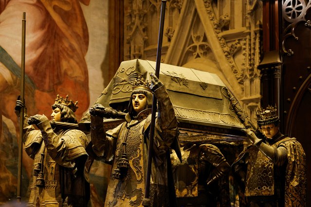 A view of the mausoleum of Christopher Columbus in the cathedral of Seville, Spain on October 11, 2024. (Photo by Marcelo del Pozo/Reuters)