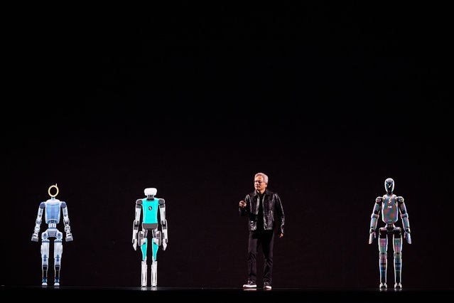 NVIDIA founder and CEO Jensen Huang speaks about robotics during the NVIDIA keynote at the 2025 Consumer Electronics Show being held at the Mandalay Bay hotel in Las Vegas, Nevada USA, 06 January 2025. CES, the world's largest annual consumer technology trade show, is a place where industry manufacturers, advertisers and tech-minded consumers gather to view new innovations coming to the market each year. CES takes place from 07-10 January 2025. (Photo by Allison Dinner/EPA)