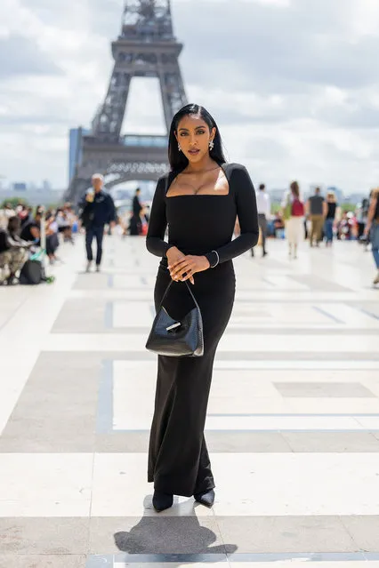 American TV personality Tayshia Adams is seen wearing black cut out dress, bag, bracelet outside Georges Hobeika during the Haute Couture Fall/Winter 2023/2024 as part of  Paris Fashion Week on July 03, 2023 in Paris, France. (Photo by Christian Vierig/Getty Images)