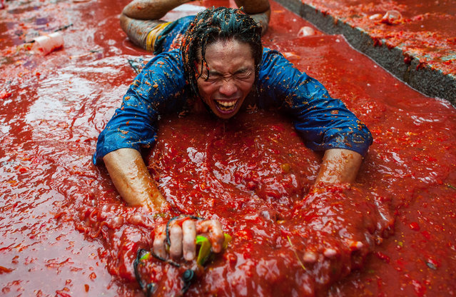 A reveller baths in tomato pulp while participating the annual Tomatina festival on August 28, 2013 in Bunol, Spain. An estimated 20,000 people threw 130 tons of ripe tomatoes in the world's biggest tomato fight held annually in this Spanish Mediterranean town.  (Photo by David Ramos/Getty Images)