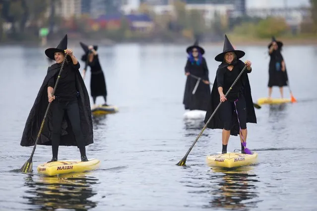 Hundreds of witches, along with a handful of warlocks and wizards, tossed their broomsticks, grabbed paddles and traveled six miles along the Willamette River Saturday, October 27, 2018. The event, called Standup Paddleboard Witch Paddle, dodged days of rain catching a short window of sunshine for the entire three-hour event. The costumed coven cruised for six miles along the Willamette River, which divides the city of Portland. (Photo by Mark Graves/The Oregonian via AP Photo)
