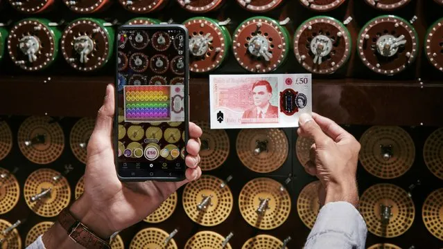 The new Alan Turing £50 banknote ­entered circulation on June 23, 2021 to coincide with the Bletchley Park codebreaker’s birthday. The new £50 note features a portrait of Alan Turing, the WWII codebreaker and computer pioneer. When viewed through Snapchat the dials of his bombe machine begin to turn. (Photo by Mikael Buck/Snapchat/PA Wire Press Association)