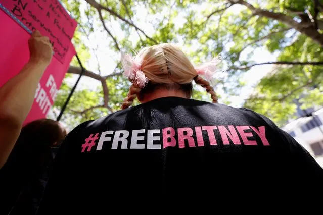 A person protests in support of pop star Britney Spears on the day of a conservatorship case hearing at Stanley Mosk Courthouse in Los Angeles, California, U.S. June 23, 2021. (Photo by Mario Anzuoni/Reuters)