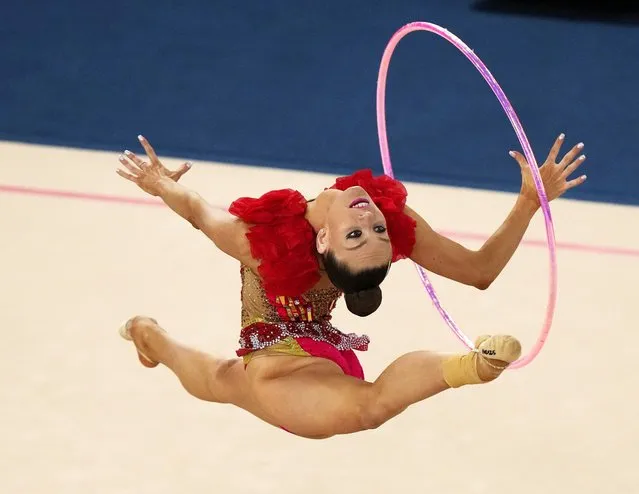 Canada's Carmel Kallemaa competes in rhythmic gymnastics individual all around at the Pan American Games in Santiago, Chile, Wednesday, November 1, 2023. (Photo by Esteban Felix/AP Photo)