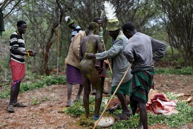 A young Pokot man is smeared with the contents of a bull's stomach by an elder during an initiation ceremony in Baringo County, Kenya, January 20, 2016. (Photo by Siegfried Modola/Reuters)