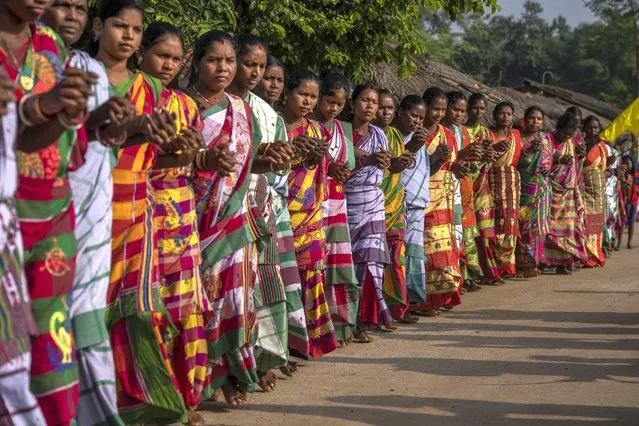 Tribes women dressed up in colorful saris perform indigenous folk dance as they follow worshippers to a sacred grove believed to be the home of the village goddess, in village Guduta, in the eastern Indian state of Odisha, October 21, 2022. India's 110 million indigenous tribespeople scattered across various states and fragmented into hundreds of clans, with different legends, different languages and different words for their gods adhere to Sarna Dharma – a faith not officially recognized by the government. It is a belief system that shares common threads with the world's many ancient nature-worshipping religions. (Photo by Altaf Qadri/AP Photo)