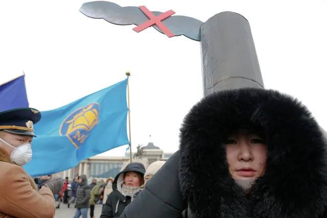 A woman wears a costume as she takes part in an anti-pollution protest in front of a government building in central Ulaanbaatar, Mongolia January 28, 2017. (Photo by B. Rentsendorj/Reuters)