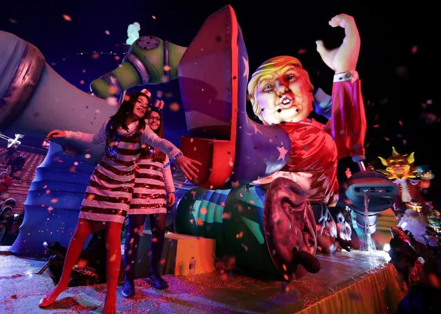 A float with a giant figure of U.S. President Donald Trump is paraded through the crowd during the 133rd Nice Carnival parade, the first major event since the city was attacked during Bastille Day celebrations last year in Nice, France, February 11, 2017. (Photo by Eric Gaillard/Reuters)