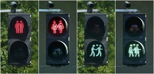 A combination of photos shows gay-themed traffic lights in Vienna May 11, 2015. The traffic lights are intended to get the city into the mood for the annual Eurovision Song Contest, one of the world's most popular kitsch cultural events which this year is being hosted by the Austrian capital. (Photo by Heinz-Peter Bader/Reuters)