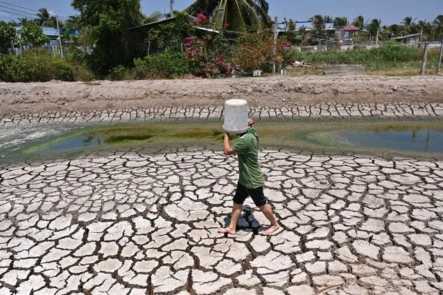 A man carries a plastic bucket across the cracked bed of a parched dried-up pond in Vietnam's southern Ben Tre province on March 19, 2024. Every day, farmer Nguyen Hoai Thuong prays in vain for rain to fall on the cracked dry earth of her garden in Vietnam's Mekong Delta – the country's “rice bowl” agricultural heartland.A blazing month-long heatwave has brought drought, parching the land in Thuong's home of Ben Tre province, 130 kilometres (80 miles) south of business hub Ho Chi Minh City. (Photo by Nhac Nguyen/AFP Photo)