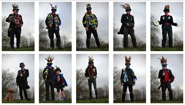 A combination of pictures created on January 29, 2022, shows members of the Hook Eagle Morris Men posing for a portrait ahead of the annual Wassail in the Community Orchard in Whitchurch, 60 miles west of London. The event, held near to twelfth night, celebrates both the passing of Christmas and the future good health of the fruit trees. Traditionally the custom involved the local farm workers visiting the orchard after dark with shotguns, horns, food and a large pail of cider. They would make a loud noise to raise the Sleeping Tree Spirit and to scare off demons. Cider would be poured over the roots and pieces of toast placed in the branches as a gift to the spirit of the tree. The wassail song is sung as a blessing or charm to bring fruitfulness or even in admonishment not to fail in the upcoming year. Having started from humble beginnings in 1991, the Hook Eagle Morris Men perform dances in the Border Morris style, and are now universally regarded as the best mens Border Morris side in all Hampshire. By a strange twist of coincidences, they are also the only men's Border Morris side in all Hampshire. (Photo by Adrian Dennis/AFP Photo)