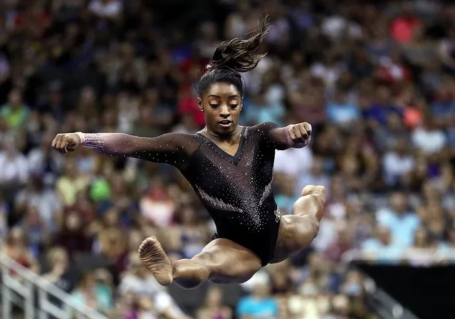 Simone Biles competes on floor exercise during Women's Senior competition of the 2019 U.S. Gymnastics Championships at the Sprint Center on August 11, 2019 in Kansas City, Missouri. (Photo by Jamie Squire/Getty Images)