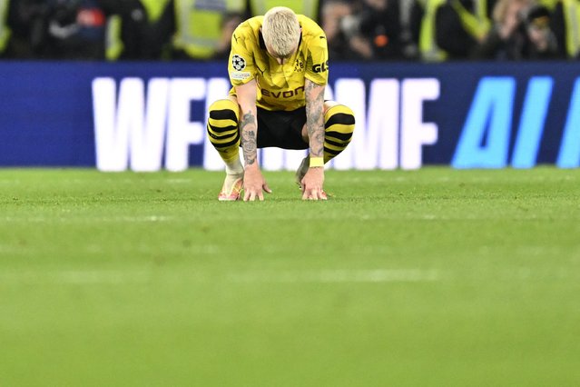 Dortmund's German forward #11 Marco Reus reacts after losing at the end of the UEFA Champions League final football match between Borussia Dortmund and Real Madrid, at Wembley stadium, in London, on June 1, 2024. (Photo by Ina Fassbender/AFP Photo)