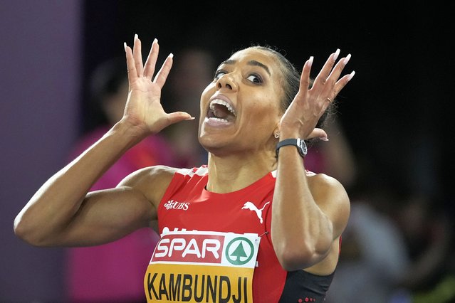 Mujinga Kambundji, of Switzerland, reacts after winning the gold medal in the women's 200 meters final at the European Athletics Championships in Rome, Tuesday, June 11, 2024. (Photo by Andrew Medichini/AP Photo)