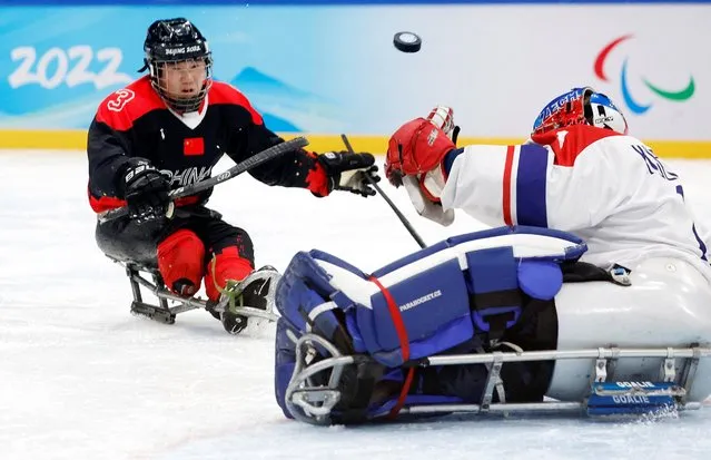 Zhi Lyu #3 of Team China competes during the Qualifying Final Para Ice Hockey game between China and Czech Republic at National Indoor Stadium on day five of the Beijing 2022 Winter Paralympics on March 09, 2022 in Beijing, China. (Photo by Soe Zeya Tun/Reuters)