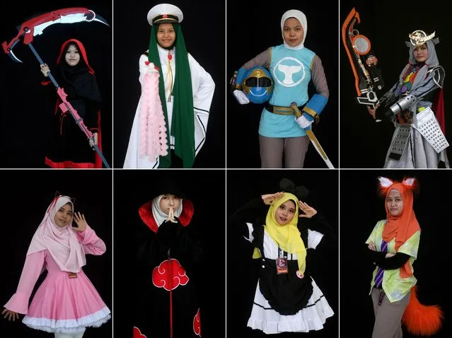 This combination of photographs shows Muslim girls wearing the “hijab” dressed as popular cosplay characters during the “Hijab Cosplay” event in Subang Jaya, outside of Kuala Lumpur, on April 29, 2017. (Photo by Manan Vatsyayana/AFP Photo)