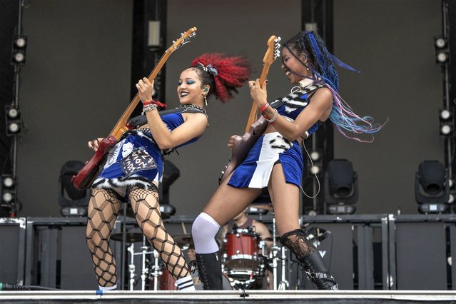 Georgia South, left, and Amy Love of English rock duo Nova Twins perform at the Welcome To Rockville Music Festival on Sunday, May 21, 2023, at the Daytona International Speedway in Daytona Beach, Fla. (Photo by Amy Harris/Invision/AP Photo)