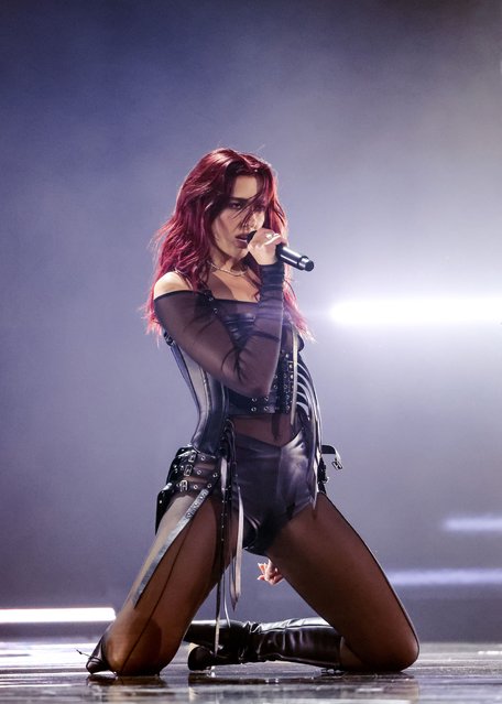 English-Albanian singer and songwriter Dua Lipa performs onstage during the 66th GRAMMY Awards on February 04, 2024 in Los Angeles, California. (Photo by John Shearer/Getty Images for The Recording Academy)