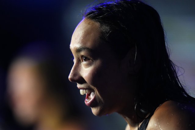Torri Huske of the United States reacts after winning the Women 100m Butterfly final at the 19th FINA World Championships in Budapest, Hungary, Sunday, June 19, 2022. (Photo by Petr David Josek/AP Photo)