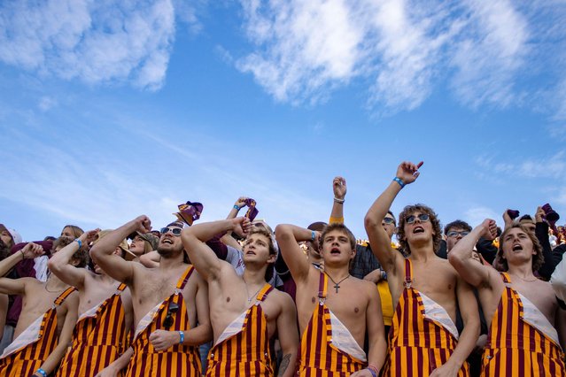 Students from the University of Minnesota cheer on their team. The University of Minnesota and the University of Maryland faced off at Huntington Bank Stadium in Minneapolis Minnesota on October 26, 2024. The University of Minnesota was victorious, winning by a score of 48-23. (Photo by Michael Turner/ZUMA Press Wire/Alamy Live News)