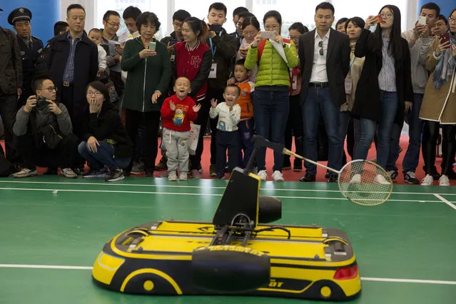 Children cheer on a robot that plays badminton during the World Robot Conference in Beijing, China, Friday, October 21, 2016. (Photo by Ng Han Guan/AP Photo)