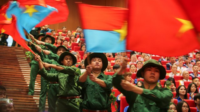 Artistists perform during the 80th anniversary of Vietnam's People's Army and the 35th anniversary of the All-People Defence Festival, at the National Convention Center in Hanoi, Vietnam, 20 December 2024. (Photo by Luong Thai Linh/EPA)