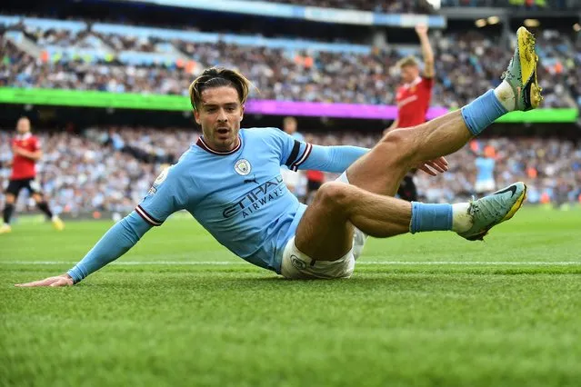 Jack Grealish of Manchester City in action  during the English Premier League soccer match between Manchester City and Manchester United at Etihad Stadium in Manchester, Britain, 02 October 2022. (Photo by Peter Powell/EPA/EFE)