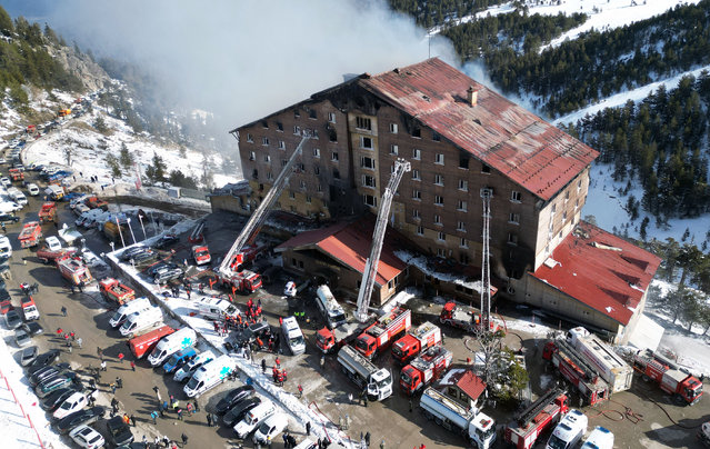 Firefighters are seen in action at a fire site in Kartalkaya Ski Resort in Bolu, Türkiye, January 21, 2025. The death toll from the devastating fire at Türkiye's Kartalkaya ski resort in northwestern Bolu province has risen to 76, and nine people have been detained in connection with the incident, Interior Minister Ali Yerlikaya said on Tuesday. (Photo by Xinhua News Agency/Rex Features/Shutterstock)