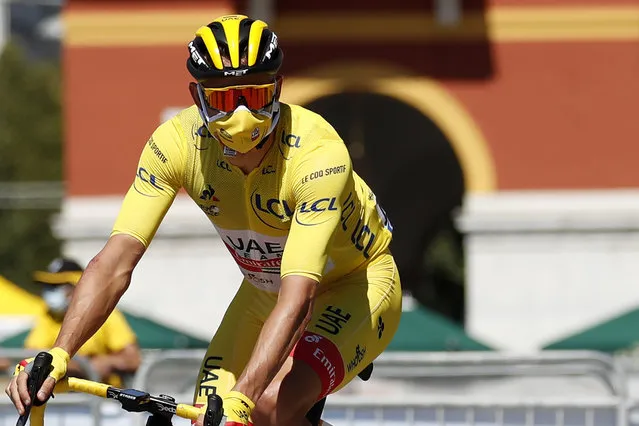 Alexander Kristoff of Norway wearing the overall leader's yellow jersey arrives for the second stage of the Tour de France cycling race over 186 kilometers (115,6 miles) with start and finish in Nice, southern France, Sunday, August 30, 2020. (Photo by Thibault Camus/AP Photo)