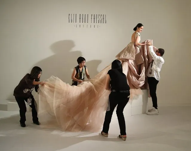 A model is dressed ahead of the Elio Abou Fayssal presentation during Dubai Fashion Forward Spring/Summer 2016 at Madinat Jumeirah on October 23, 2015 in Dubai, United Arab Emirates. (Photo by Andreas Rentz/Getty Images for Fashion Forward)