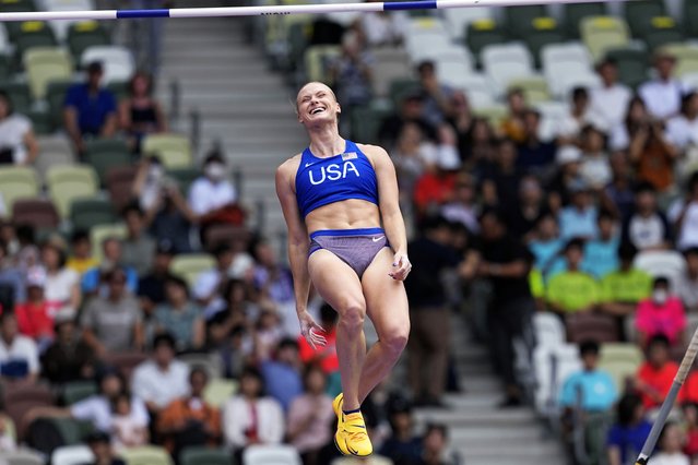 United States' Katie Moon reacts after clearing the bar in the women's pole vault qualification at the World Athletics Championships in Tokyo, Monday, September 15, 2025. (Photo by Matthias Schrader/AP Photo)