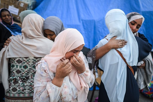 Sudanese women refugees react at an assembly point for buses arranged for their voluntary return from Egypt to Sudan, in Cairo, Egypt, 12 April 2025. Between 30 to 40 buses leave daily from different points of the Egyptian capital towards the border with Sudan, with about 1,500 passengers, according to data from local transport companies. Sudanese refugees have been gradually returning to their country after Sudan's army regained control of the capital Khartoum from paramilitary fighters of the Rapid Support Forces (RSF) in late March 2025. According to the UNHCR, over three million people have fled Sudan to neighboring countries since the outbreak of an armed conflict in April 2023. Egypt alone is estimated to have received more than half of them, according to government figures. (Photo by Mohamed Hossam/EPA/EFE)