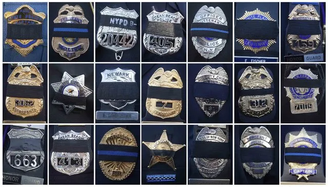 A combination image shows mourning bands placed over different police badges at the funeral of slain NYPD officer Rafael Ramos at Christ Tabernacle Church in the Queens borough of New York December 27, 2014. Targeted for their uniform, Rafael Ramos and Wenjian Liu were slain last Saturday afternoon while sitting in their patrol car in Brooklyn in what is only the seventh instance of police partners being killed together in the city in more than 40 years. (Photo by Carlo Allegri/Reuters)