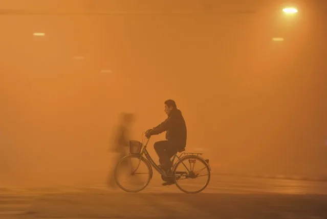 A man rides his bicycle across a street amid heavy haze in Fuyang, Anhui province, China, November 30, 2015. (Photo by Reuters/Stringer)