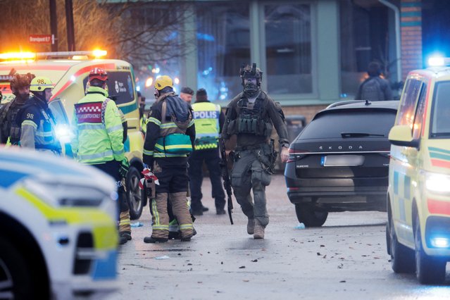 Emergency personnel and police officers work at the adult education center Campus Risbergska school after a shooting attack in Orebro, Sweden, on February 4, 2025. (Photo by Kicki Nilsson/TT News Agency via Reuters)
