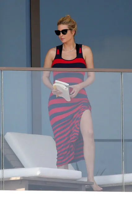 Ivanka Trump wears a red and black striped dress as she has lunch with her son on her balcony in Miami on February 8, 2021. (Photo by The Mega Agency)