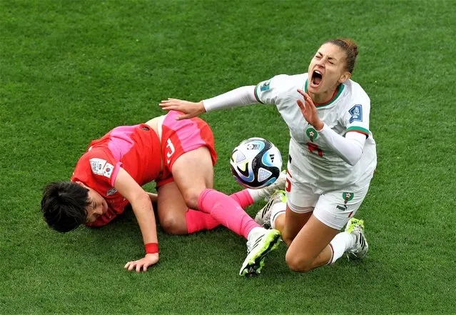 Hong Hyeji of Korea Republic is challenged by Elodie Nakkach of Morocco during the FIFA Women's World Cup Australia & New Zealand 2023 Group H match between Korea Republic and Morocco at Hindmarsh Stadium on July 30, 2023 in Adelaide, Australia. (Photo by Hannah Mckay/Reuters)