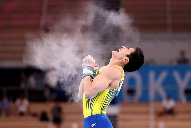 Arthur Mariano of Team Brazil celebrates after competing on horizontal bar during Men's Qualification on day one of the Tokyo 2020 Olympic Games at Ariake Gymnastics Centre on July 24, 2021 in Tokyo, Japan. (Photo by Patrick Smith/Getty Images)