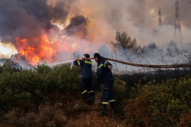 Volunteer firefighters try to extinguish a wildfire at Varympompi suburb north of Athens, Greece, August 3, 2021. (Photo by Giorgos Moutafis/Reuters)