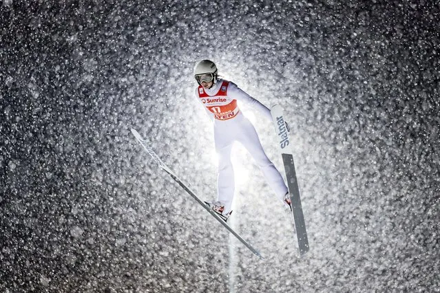 Daniela Haralambie of Romania competes during the qualification of the women's FIS Ski Jumping World Cup competition at the Gross-Titlis Schanze in Engelberg, Switzerland, Thursday, December 14, 2023. (Photo by Philipp Schmidli/Keystone via AP Photo)