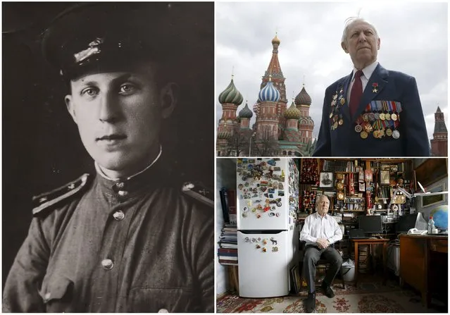 World War Two veteran Boris Runov, 89, is seen in an undated handout picture (L) and posing for a picture in Red Square (Top R), and at home in Moscow, April 14, 2015. Runov served in the sapper company of the Soviet Union army from 1943 until 1945. Originally from Russia, the end of World War Two found him in Germany. (Photo by Sergei Karpukhin/Reuters/Family handout (L))