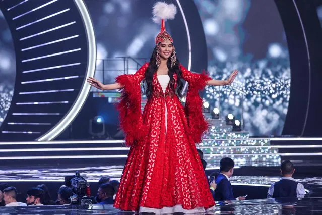 Miss Kazakhstan, Aziza Tokashova, appears on stage during the national costume presentation of the 70th Miss Universe beauty pageant in Israel's southern Red Sea coastal city of Eilat on December 10, 2021. (Photo by Menahem Kahana/AFP Photo)