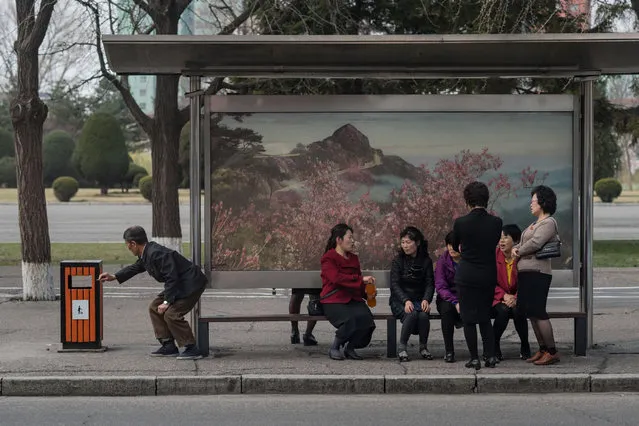 In a photo taken on April 7, 2017 commuters wait at a bus stop in Pyongyang. Buses are by far the most common means of public transport in the capital of around three million people, where access to private cars is rare, and offer the most extensive network. Tickets cost 5 won each  less than 0.1 US cents at free-market rates, making journeys virtually free. The city is one where everyone almost always appears to have a purpose, whether going to or from work, or taking part in some kind of group activity. At bus stops, though, commuters are forced to disrupt that process as they wait for a vehicle. It is a moment that reveals their private interests  whether talking to friends and colleagues, pensively watching the world go by, or sometimes playing with a smartphone. (Photo by Ed Jones/AFP Photo)