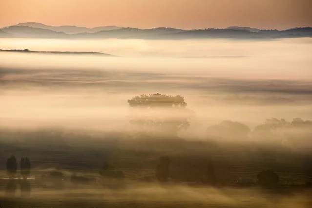 Morning mist covers the landscape near Stara Basta, or Obast in Hungarian, in southern Slovakia, 05 September 2019. (Photo by Peter Komka/EPA/EFE)