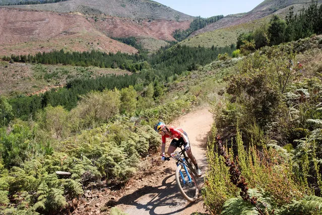 France's Pauline Ferrand-Prevot rides on trails during the prologue stage of the 2022 Cape Epic mountain bike stage race, which is a 24km time-trial, in the mountains above Somerset West, about 60km from Cape Town, on March 20, 2022. The Cape Epic, in which two riders race as a team, is widely known as the foremost mountain bike stage race in the world, with the riders covering a distance 681 kilometres, and climbing 16900m in height, over eight days of racing. (Photo by Rodger Bosch/AFP Photo)